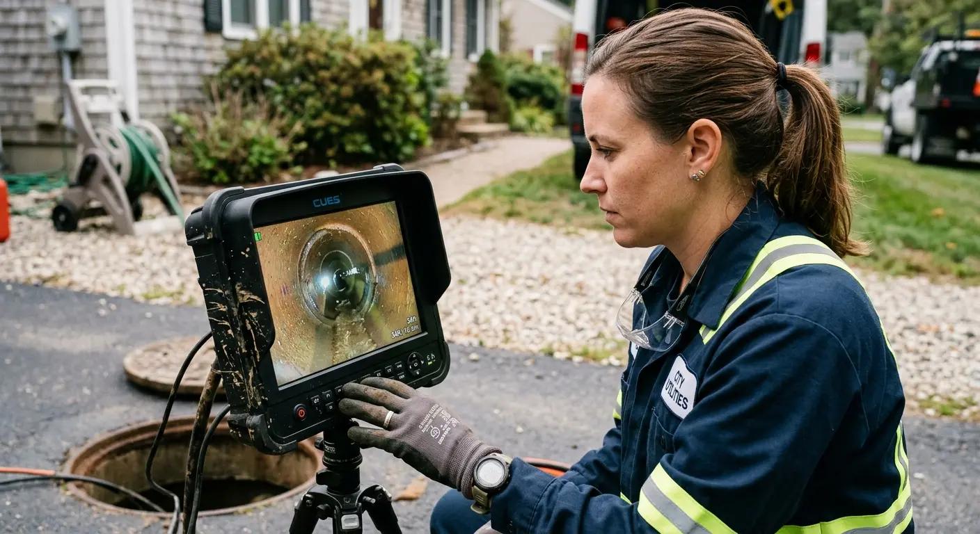 Technician reviewing sewer camera inspection footage in Effingham