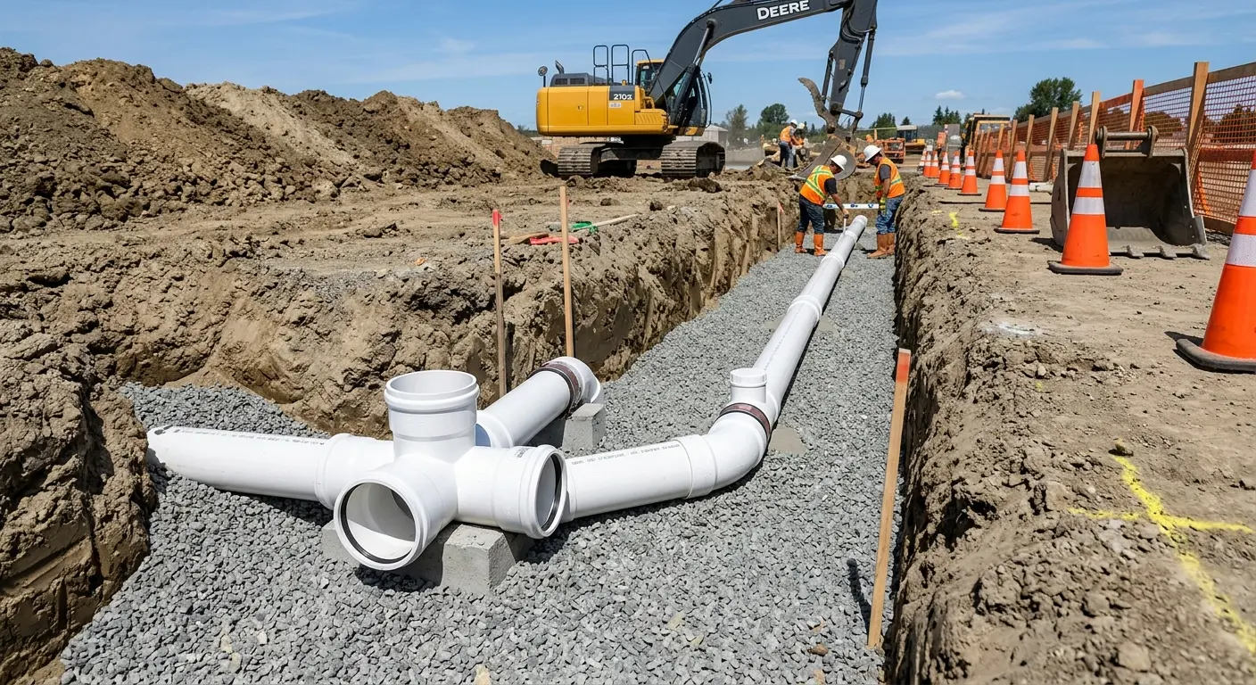 New PVC sewer pipe installation in open trench for Grease Trap Cleaning in Effingham