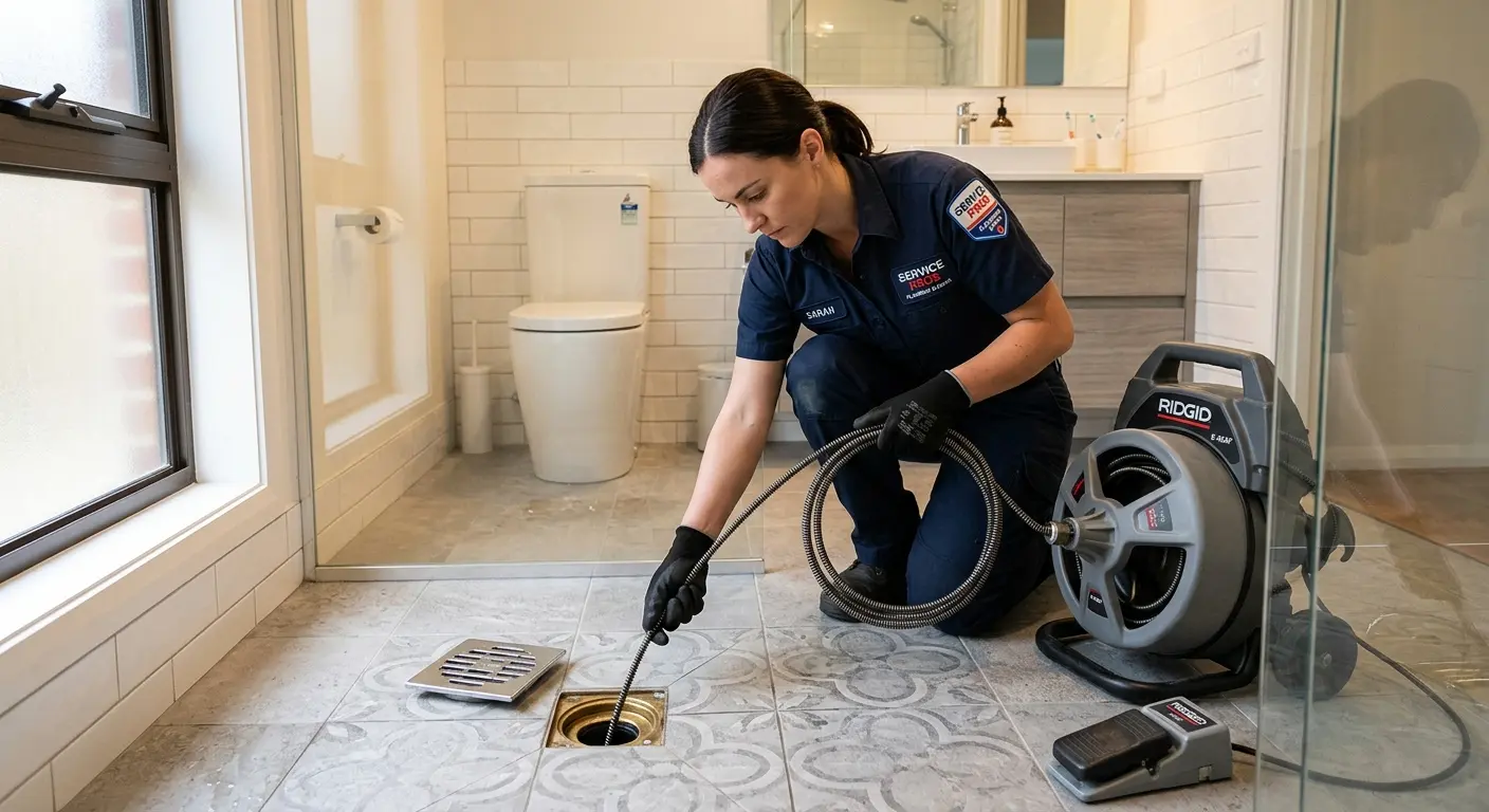 Technician clearing a bathroom floor drain for Clogged Drain Repair in Effingham